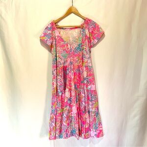 Lily Pulitzer Kawai Swing Dress XL Floral Tropical Pink Flutter Sleeves